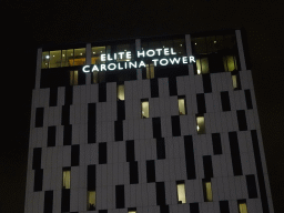 Top of the Elite Hotel Carolina Tower, viewed from the Solnavägen street, by night