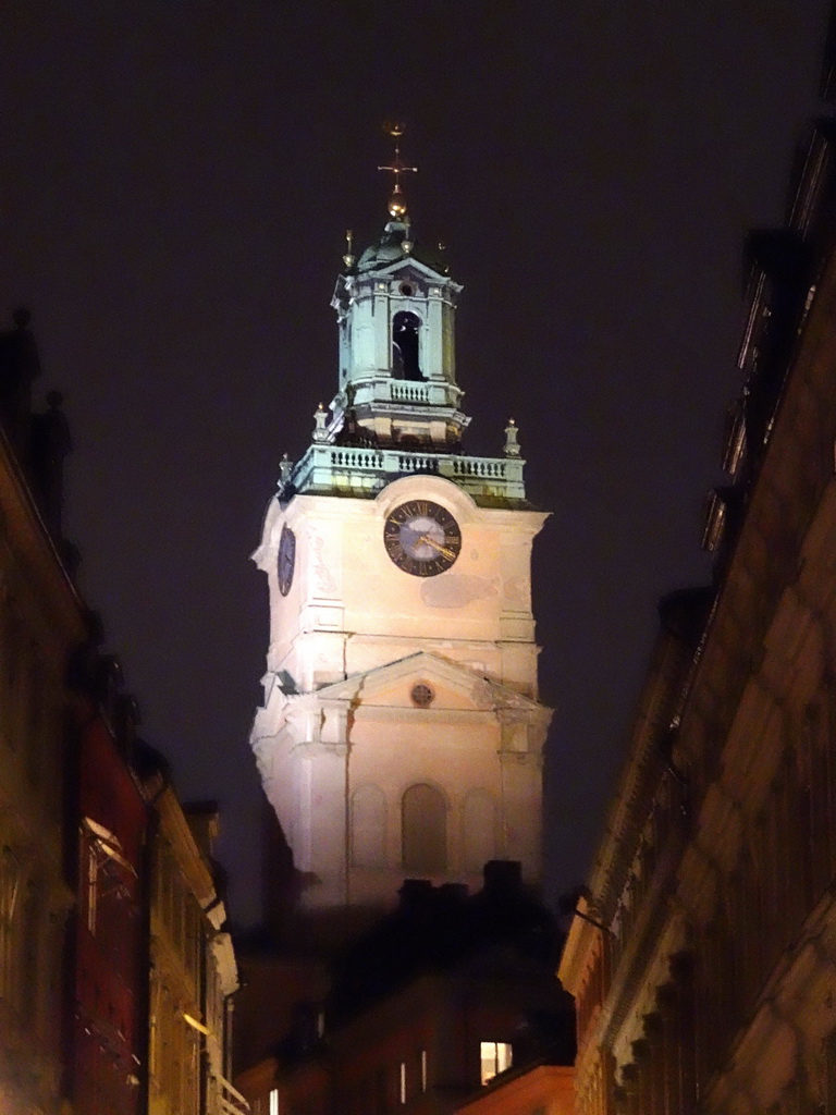 Tower of the Saint Nicolaus Church, viewed from the Riddarhustorget street, by night
