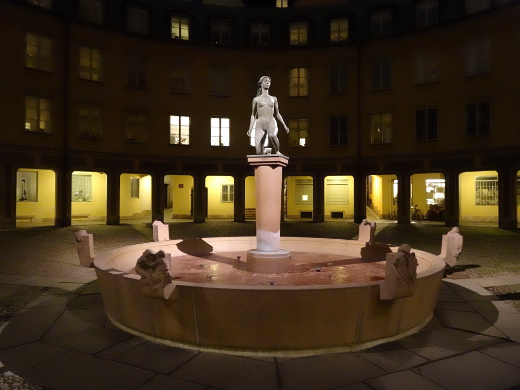 The bronze sculpture `Morgon` by Ivar Johnsson at the Brantingtorget square, by night