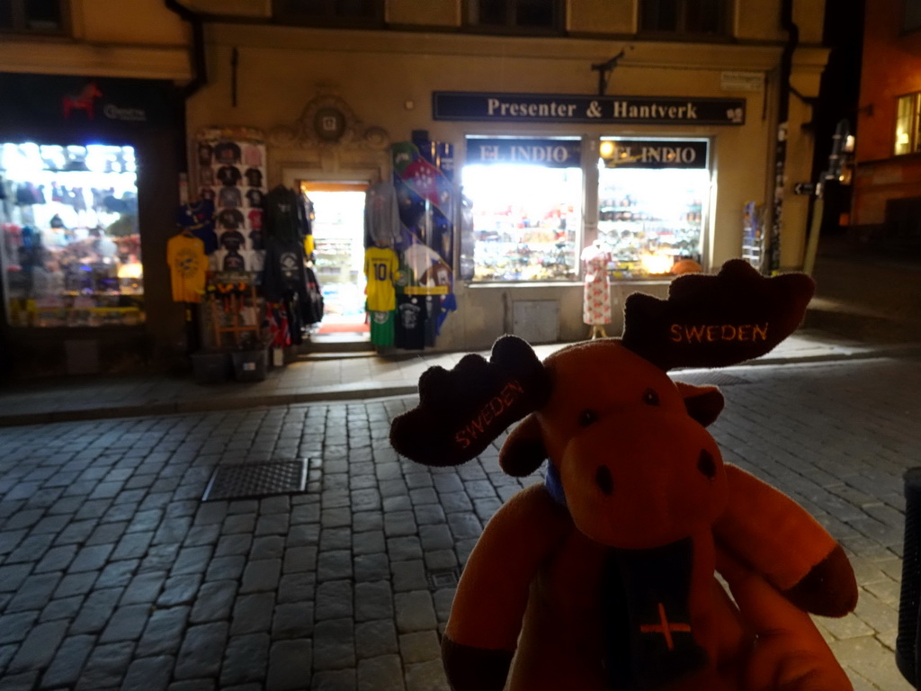 Moose toy in front of the Classic Swedish Souvenir shop at the Västerlånggatan street, by night