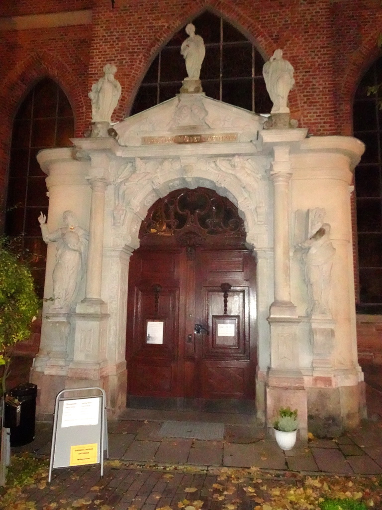 Southeast side of the German Church, viewed from its garden, by night