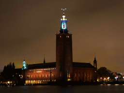 The Stockholm City Hall, viewed from the Evert Taubes Terrass park, by night