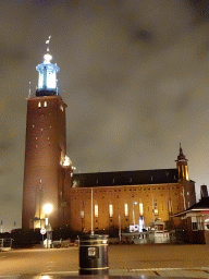 The Stockholm City Hall, viewed from the Tegelbacken street, by night
