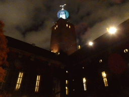 The tower of the Stockholm City Hall, viewed from the Civic Court, by night