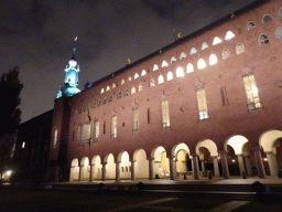 South side of the Stockholm City Hall, viewed from the Stadshusparken park, by night
