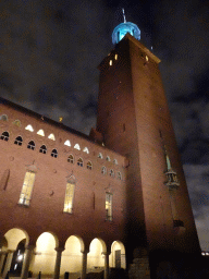 Southeast side and Tower of the Stockholm City Hall, viewed from the Stadshusparken park, by night