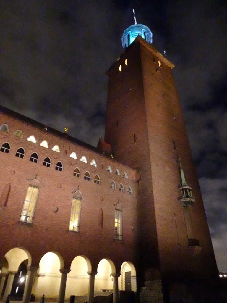 Southeast side and Tower of the Stockholm City Hall, viewed from the Stadshusparken park, by night