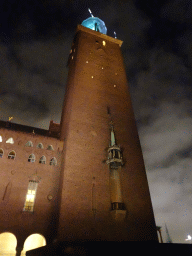 Southeast side and Tower of the Stockholm City Hall, viewed from the Stadshusparken park, by night