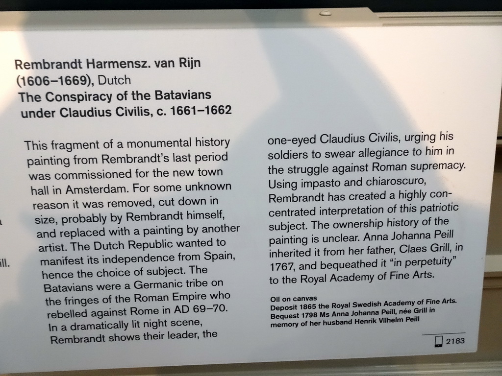 Explanation on the painting `The Conspiracy of the Batavians under Claudius Civilis` by Rembrandt van Rijn at the 17th Century exhibition at the Top Floor of the Nationalmuseum