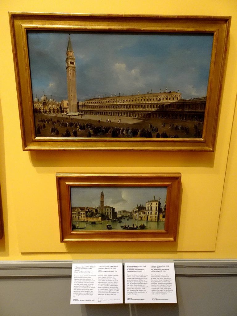 Painting `Piazza San Marco in Venice` by Giacomo or Francesco Guardi and `View of the Church San Geremia and Cannaregio` by Antonio Canaletto at the 1720-1770 exhibition at the Top Floor of the Nationalmuseum, with explanation
