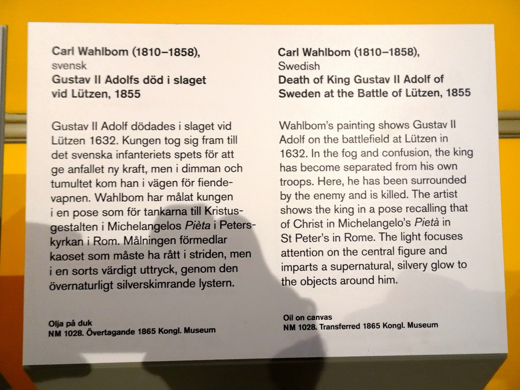 Explanation on the painting `Death of King Gustav II Adolf of Sweden at the Battle of Lützen, 1855` by Carl Wahlbom at the 1800-1870 exhibition at the Middle Floor of the Nationalmuseum