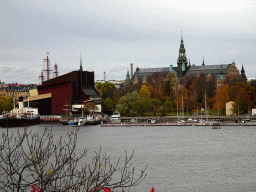 Boats in the Stockholms Ström river, the Vasa Museum and the Nordic Museum, viewed from the Kastellholmen island