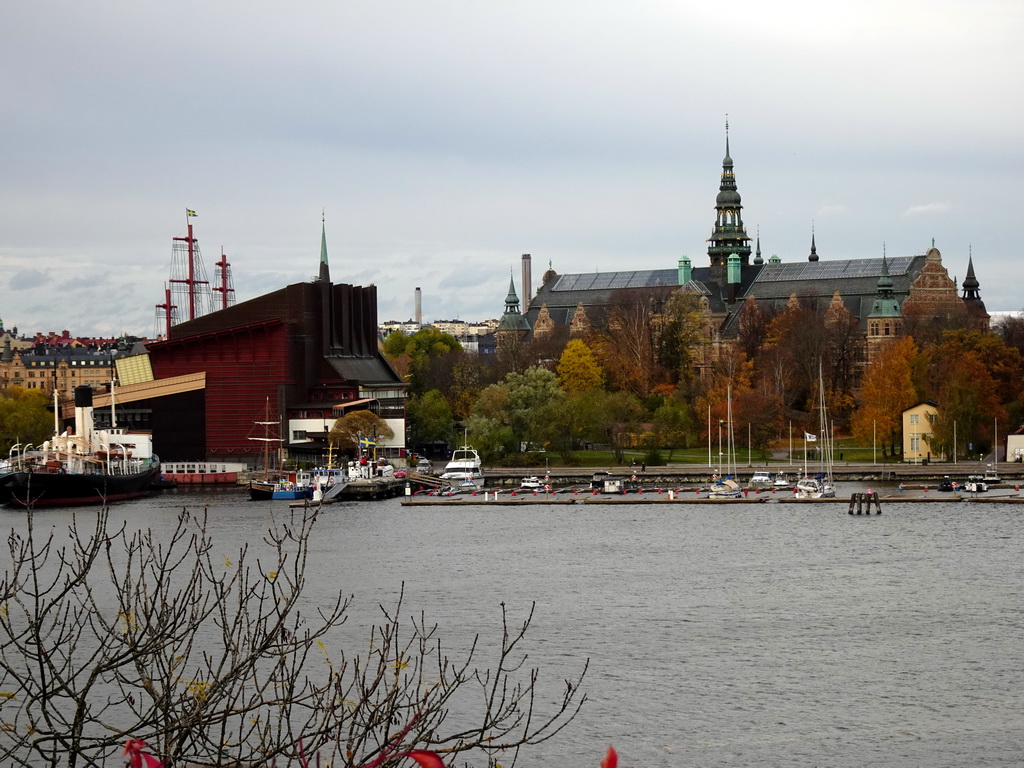 Boats in the Stockholms Ström river, the Vasa Museum and the Nordic Museum, viewed from the Kastellholmen island