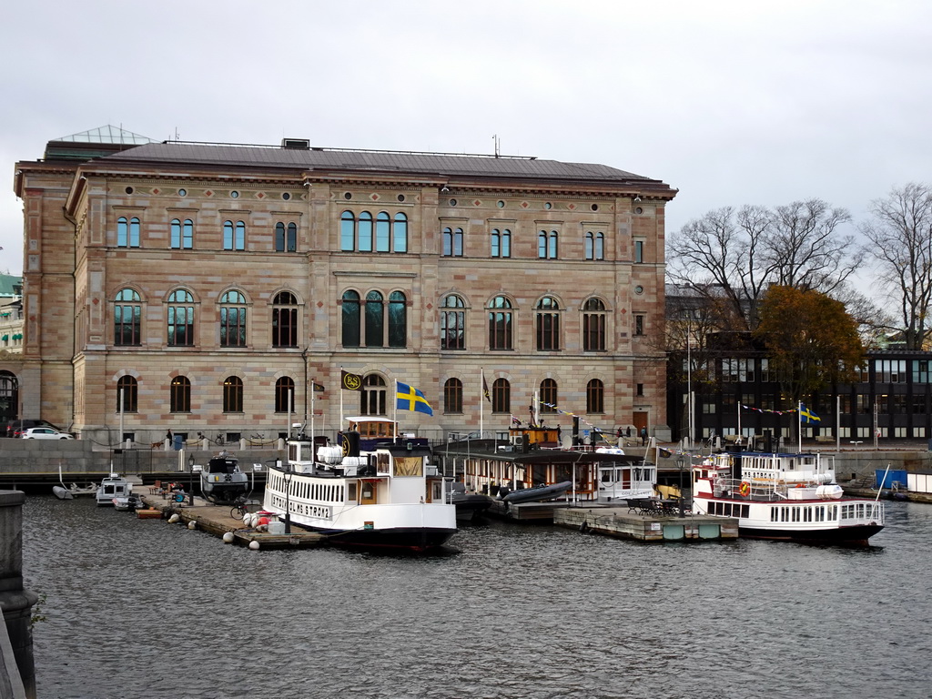 Boats in the Stockholms Ström river and the southeast side of the Nationalmuseum, viewed from the Skeppsholmen island