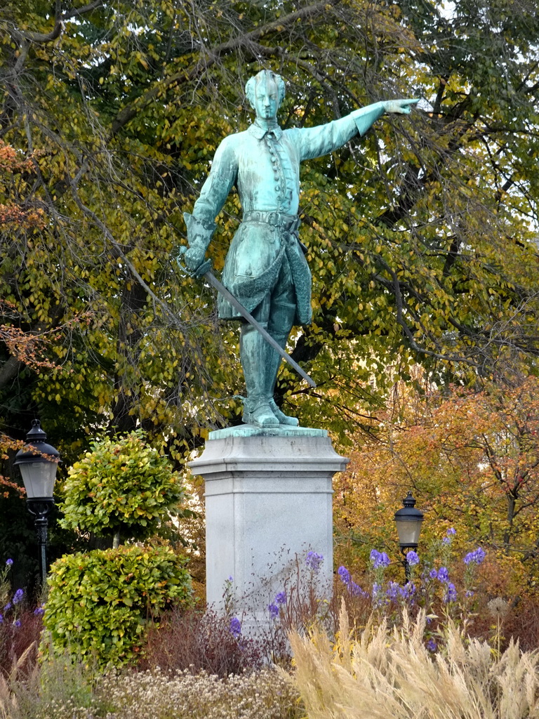 Statue of King Karl XII at the Karl XII`s Torg square, viewed from the Strömgatan street