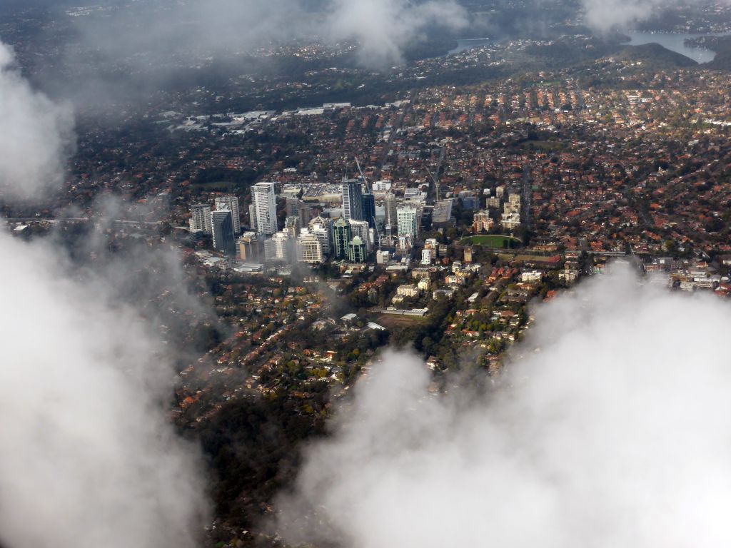 The Chatswood business district and surroundings, viewed from the airplane from Cairns