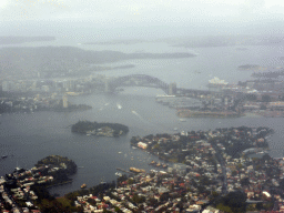 Mort Bay, Goat Island, Darling Harbour, the Sydney Harbour Bridge, the Sydney Opera House and skyscrapers at North Sydney, viewed from the airplane from Cairns