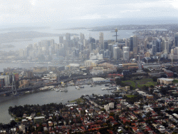 Blackwattle Bay, Darling Harbour, Wentworth Park and the Sydney Tower and other skyscrapers in the city center, viewed from the airplane from Cairns