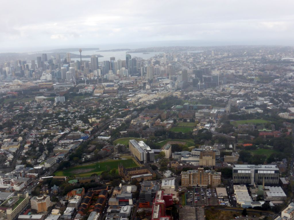 The University of Sydney and surroundings and skyscrapers in the city center, viewed from the airplane from Cairns