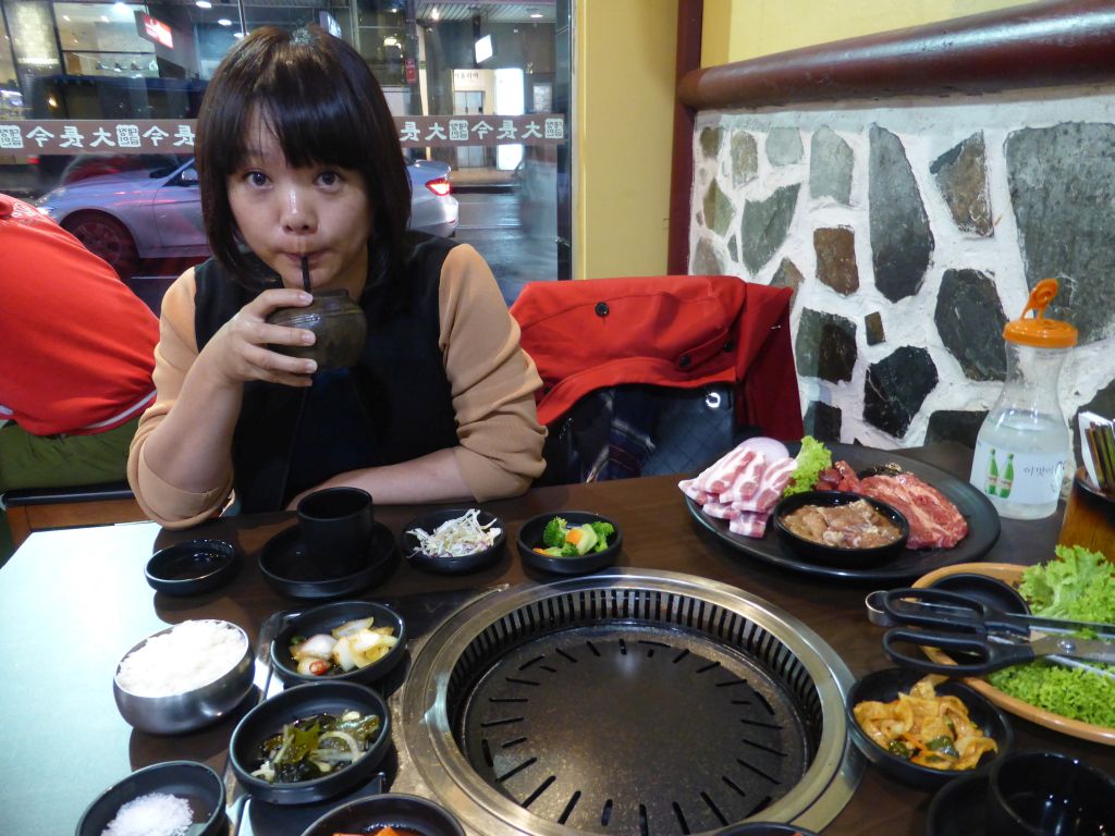 Miaomiao having dinner at the Dae Jang Kum Korean BBQ restaurant