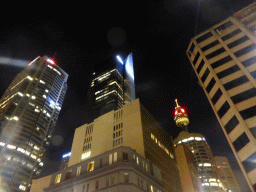 Skyscrapers at Castlereagh Street and the Sydney Tower, viewed from Park Street, by night