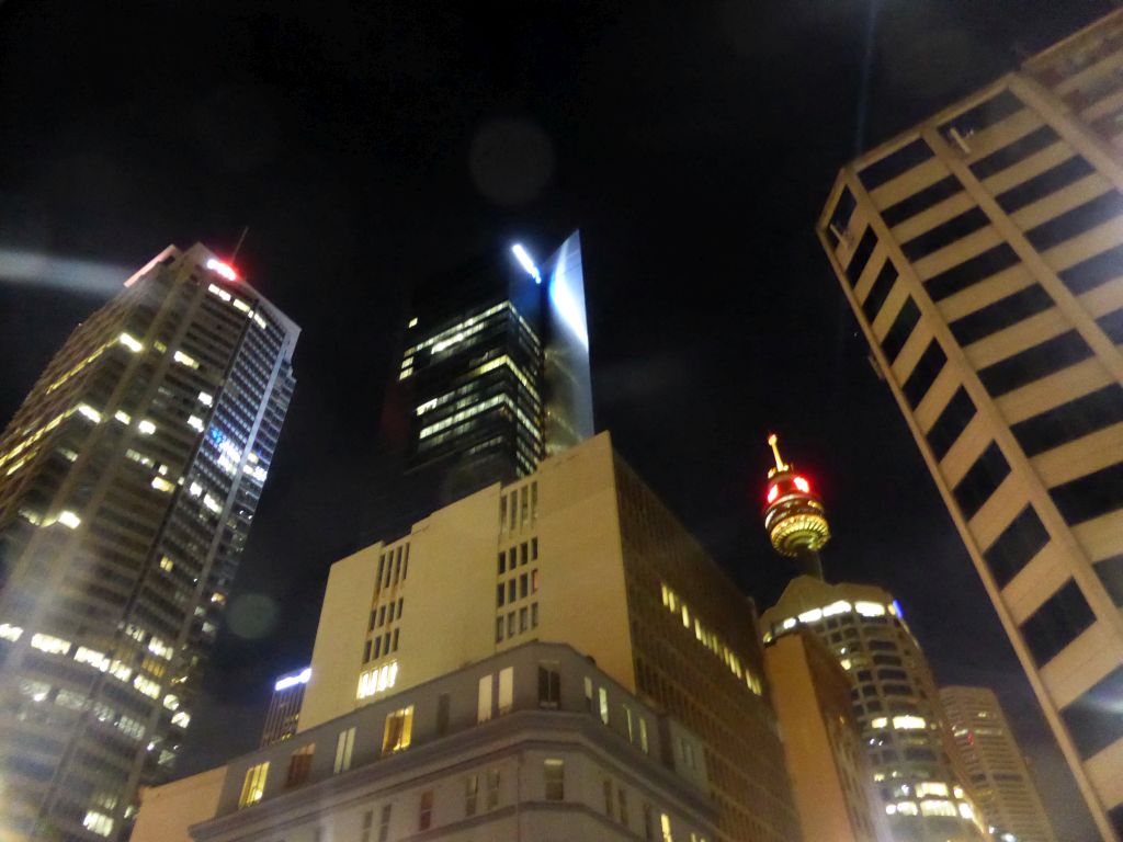 Skyscrapers at Castlereagh Street and the Sydney Tower, viewed from Park Street, by night