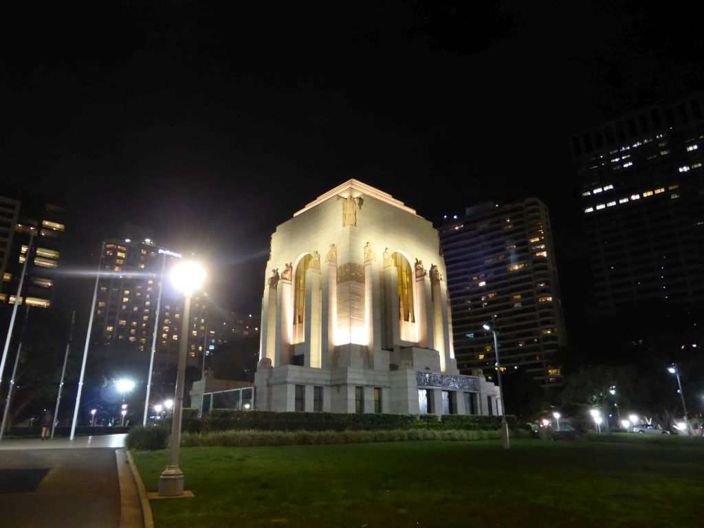 Northwest side of the ANZAC War Memorial at Hyde Park, by night