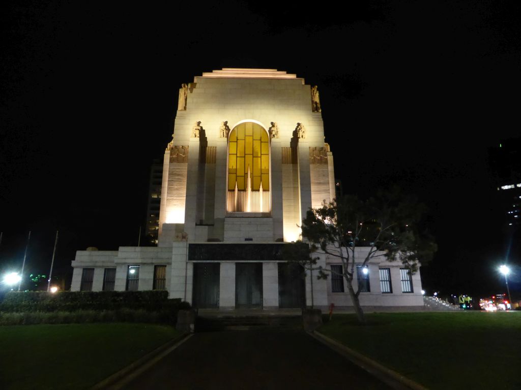 West side of the ANZAC War Memorial at Hyde Park, by night