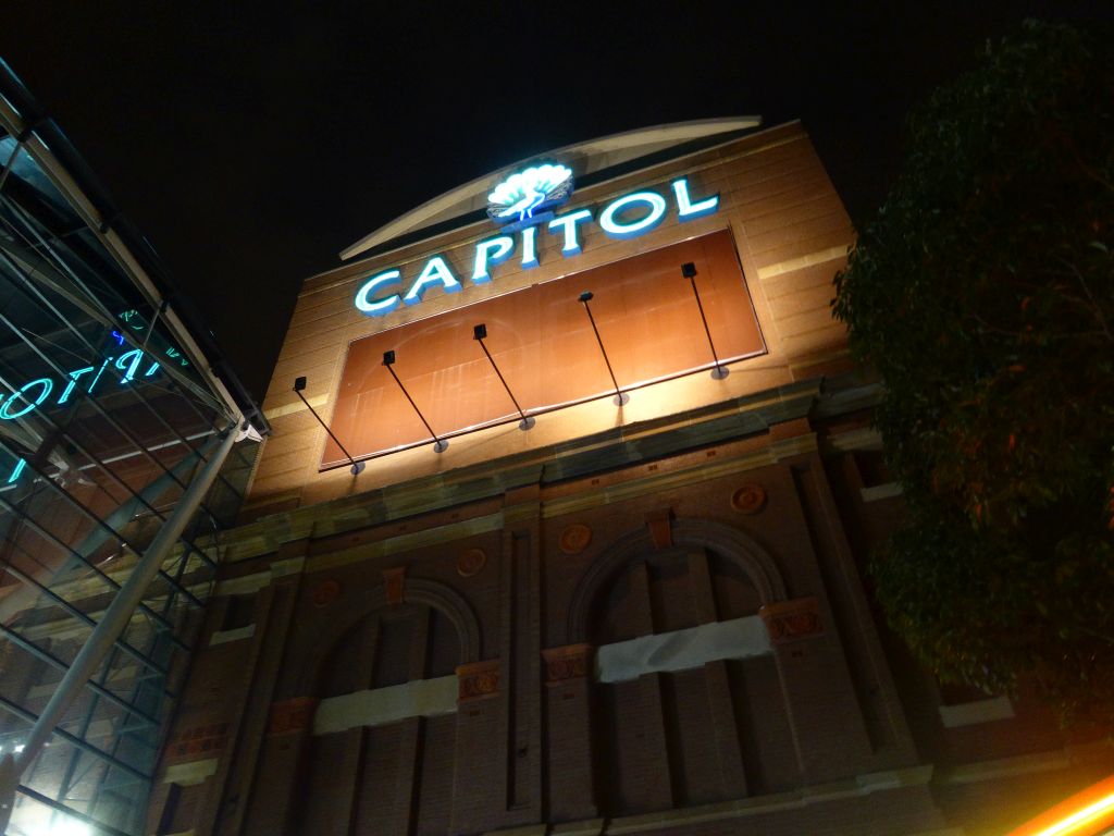 Southwest side of the Capitol Theatre at Hay Street, by night