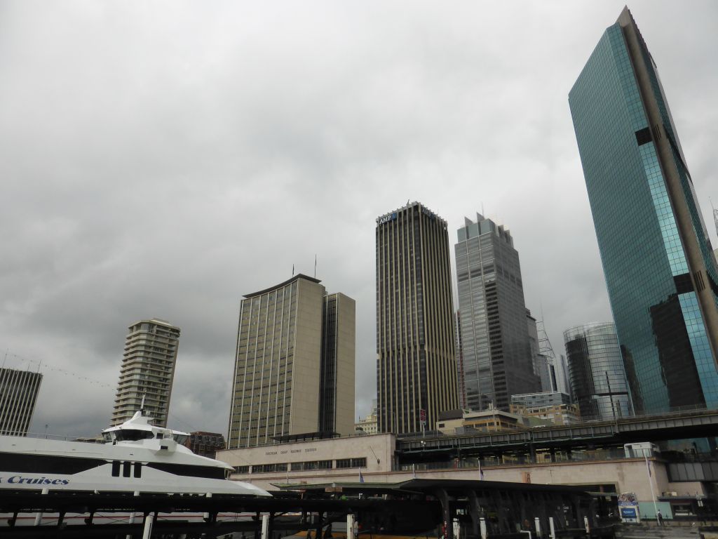 The Circular Quay Railway Station and skyscrapers at the city center, viewed from the Circular Quay Wharf