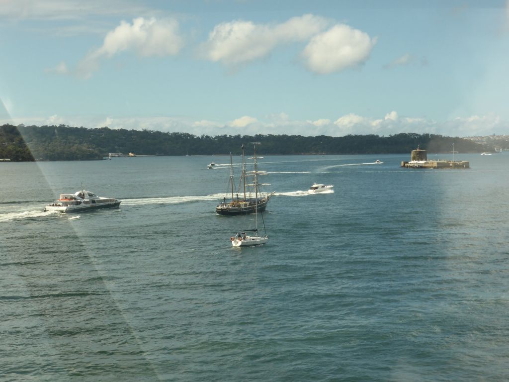 Boats in the Sydney Harbour and Fort Denison, viewed from the Northern Foyer of the Concert Hall at the Sydney Opera House