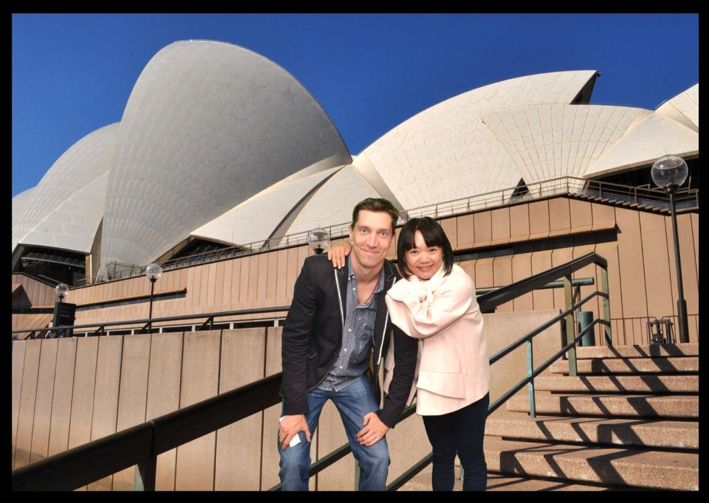 Postcard with Tim and Miaomiao in front of the Sydney Opera House