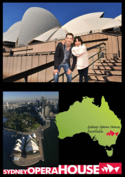 Postcard with Tim and Miaomiao in front of the Sydney Opera House and an aerial view of the Sydney Opera House