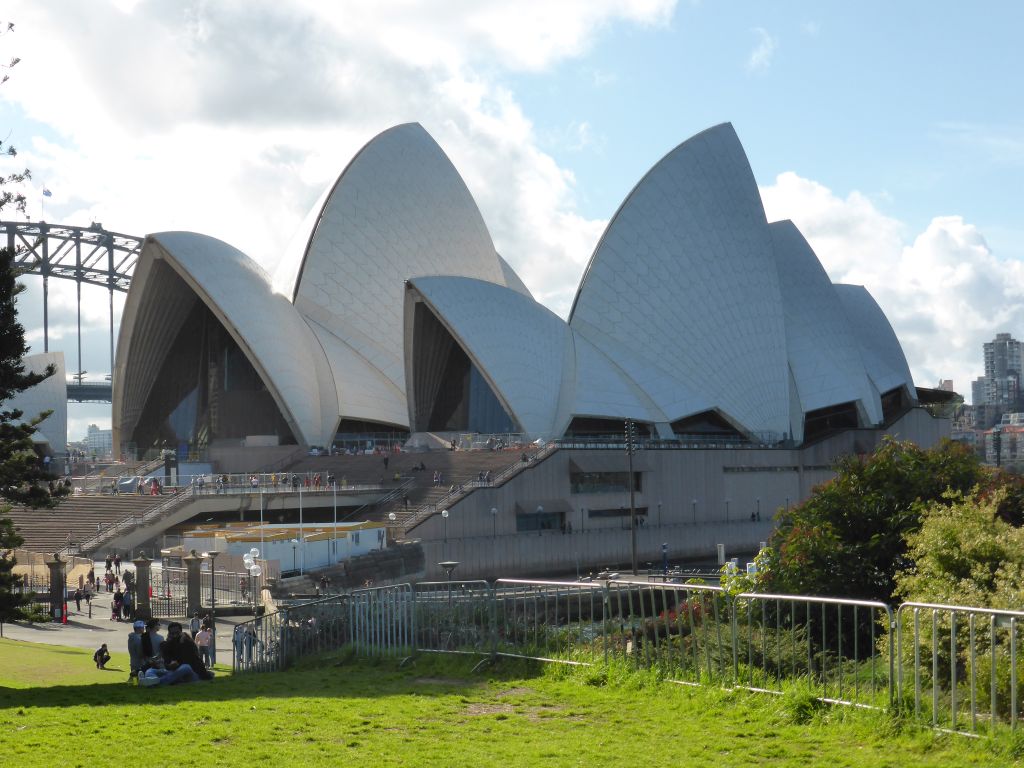 The Sydney Opera House and the Sydney Harbour Bridge, viewed from the northwest side of the Royal Botanic Gardens