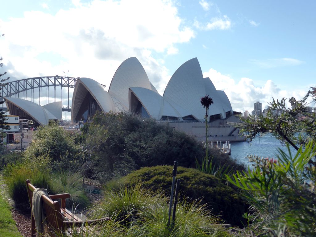 Plants at the northwest side of the Royal Botanic Gardens, with a view on the Sydney Opera House and the Sydney Harbour Bridge
