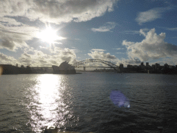 The Sydney Harbour, the Sydney Opera House and the Sydney Harbour Bridge, viewed from Mrs Macquarie`s Point at the Royal Botanic Gardens