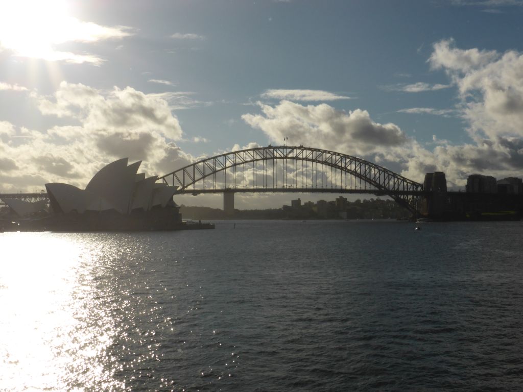 The Sydney Harbour, the Sydney Opera House and the Sydney Harbour Bridge, viewed from Mrs Macquarie`s Point at the Royal Botanic Gardens