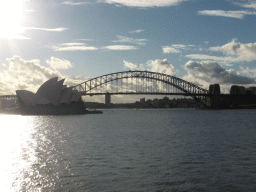 The Sydney Harbour, the Sydney Opera House and the Sydney Harbour Bridge, viewed from Mrs Macquarie`s Point at the Royal Botanic Gardens