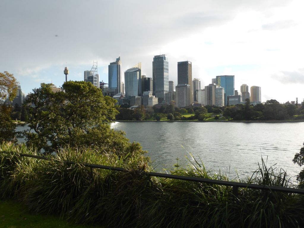 The Sydney Harbour, the Royal Botanic Gardens and the Sydney Tower and other skyscrapers in the city center, viewed from Mrs Macquarie`s Point