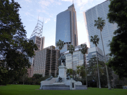 Statue of Arthur Phillip at the Royal Botanic Gardens and skyscrapers in the city center