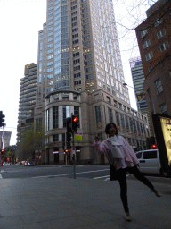 Miaomiao in front of the Chifley Tower at Bent Street, at sunset