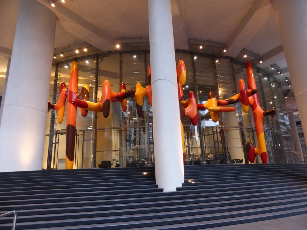 Piece of art at the entrance of the 1 O`Connell Street building, at sunset