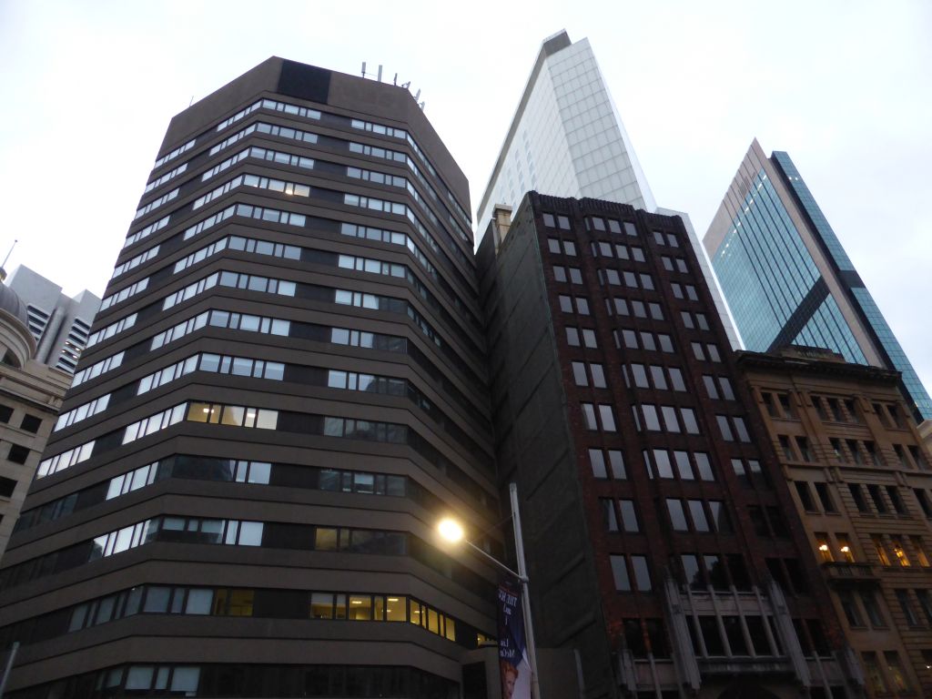 Buildings at the crossing of Bridge Street and Gresham Street, at sunset