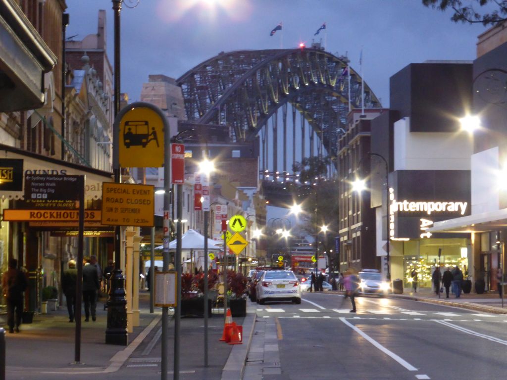 George Street and the Sydney Harbour Bridge, at sunset
