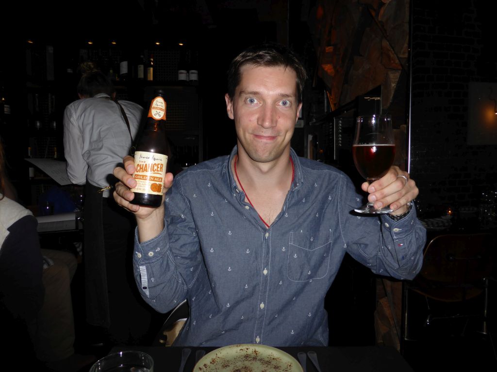 Tim with a Chancer Golden Ale beer at the Pony Lounge & Dining restaurant