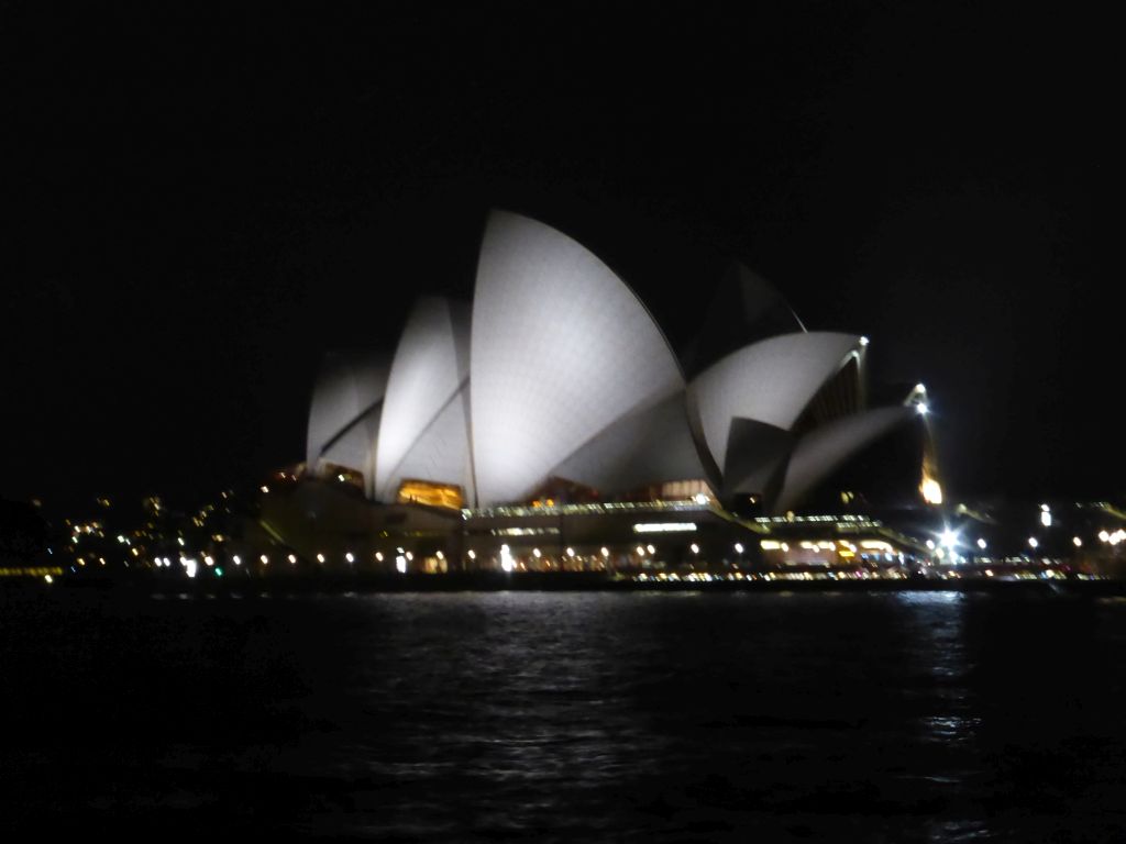 The Sydney Cove and the Sydney Opera House, viewed from the Circular Quay Wharf, by night