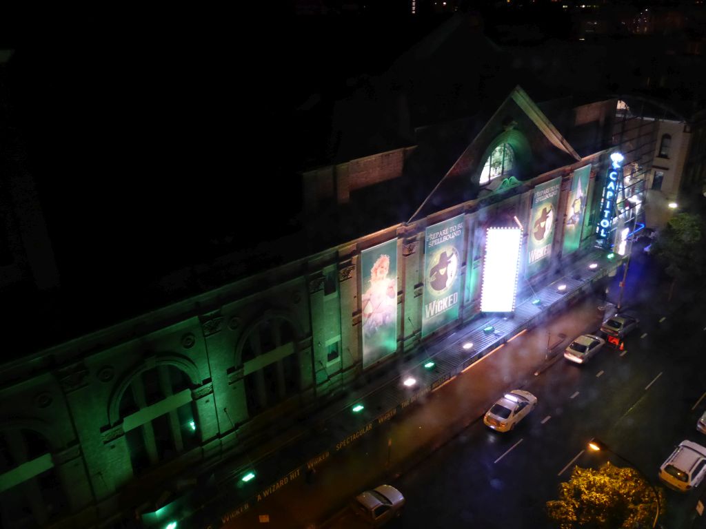 Campbell Street with the Capitol Theatre, viewed from our room in the Metro Hotel Sydney Central, by night