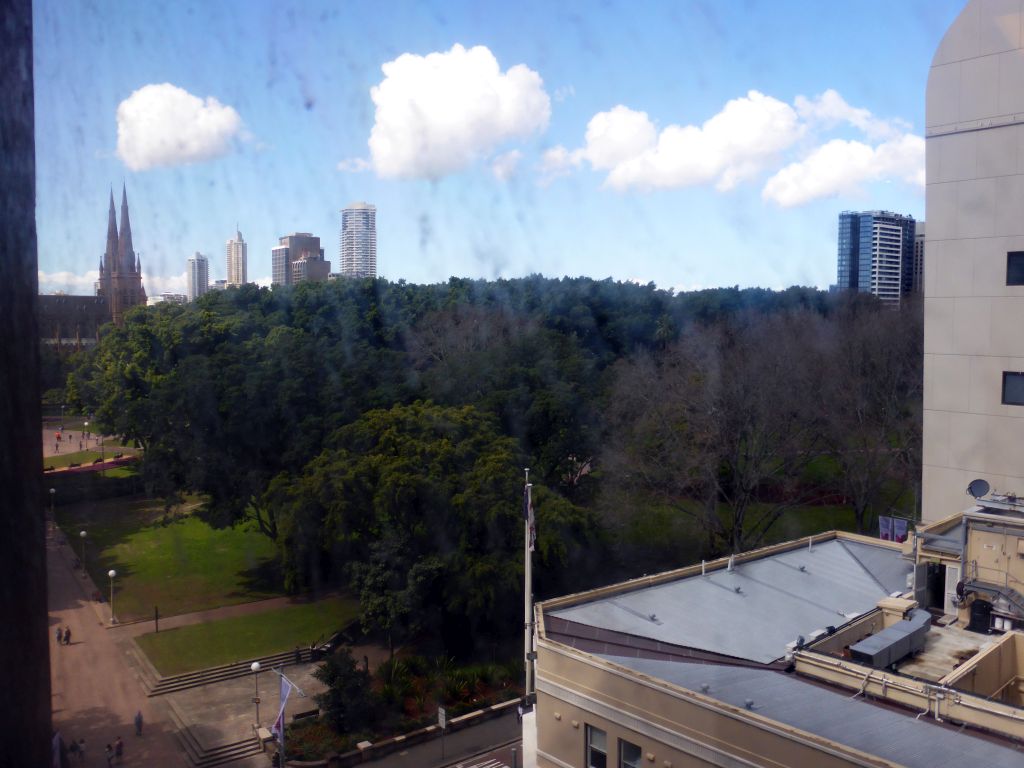 Hyde Park and St. Mary`s Cathedral, viewed from the upper floor of the David Jones store at Castlereagh Street