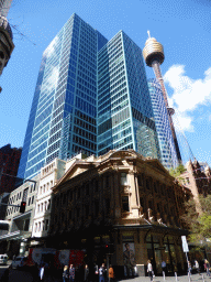 The crossing of King Street and Pitt Street, with the Sydney Tower