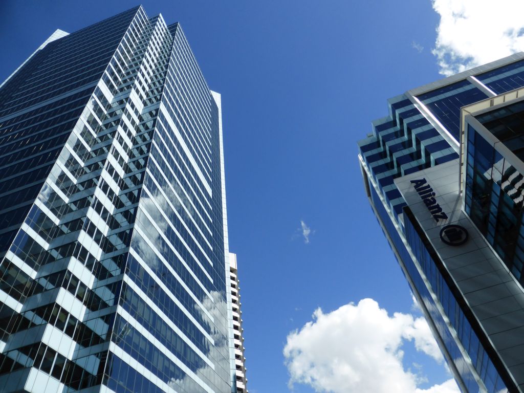 The BT Tower and the Allianz Australia building at the crossing of Market Street and Kent Street